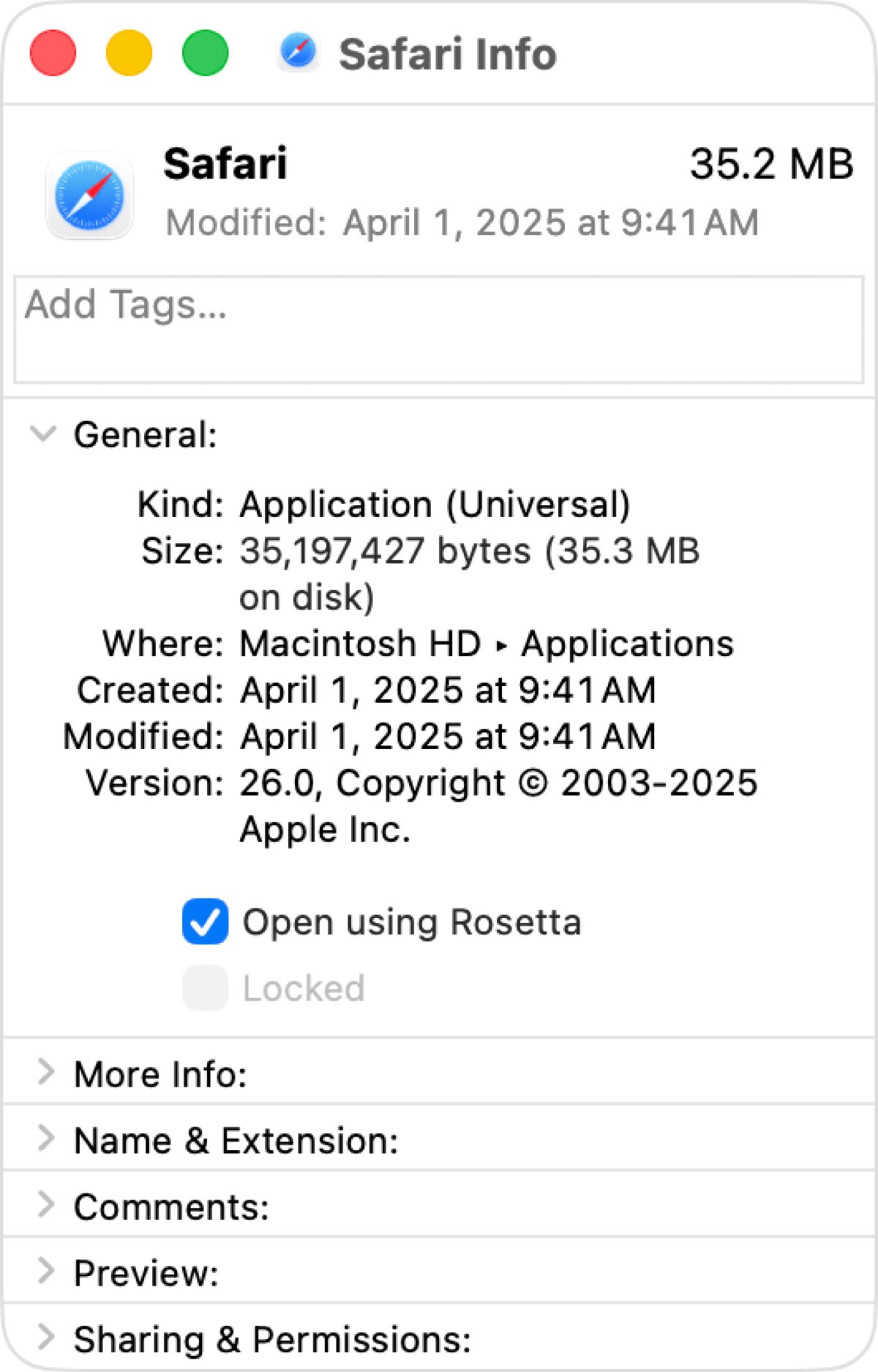 Finder Get Info window showing a Mac app’s Universal kind and Rosetta option