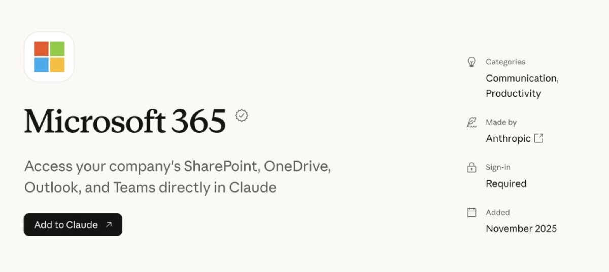 Microsoft 365 connector listing showing access to SharePoint, OneDrive, Outlook, and Teams
