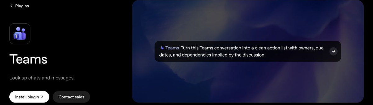 Teams plugin page showing a prompt to turn a conversation into an action list