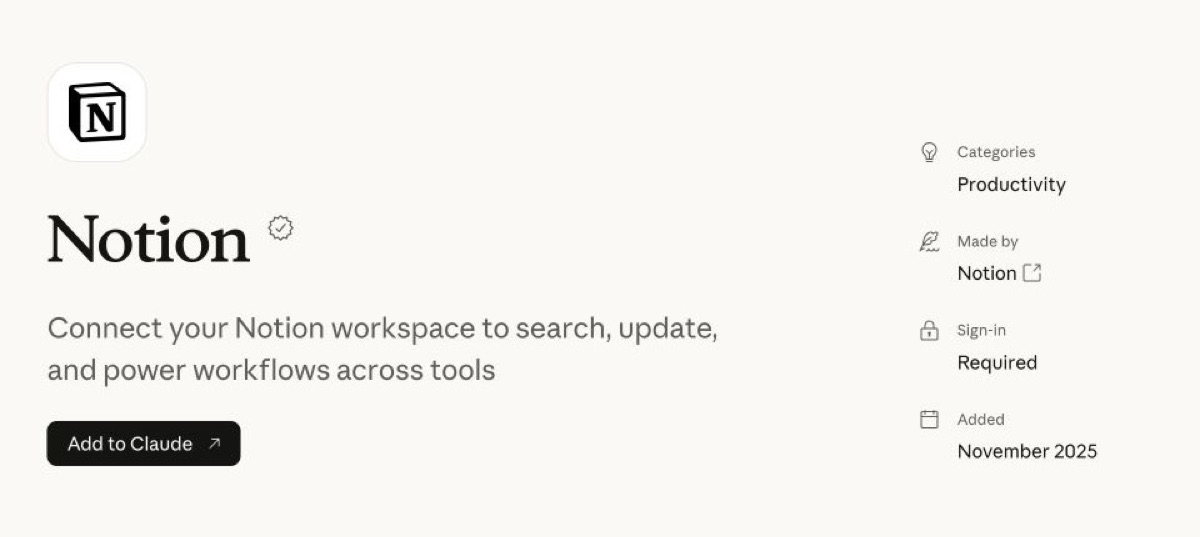 Notion connector listing in Claude Marketplace