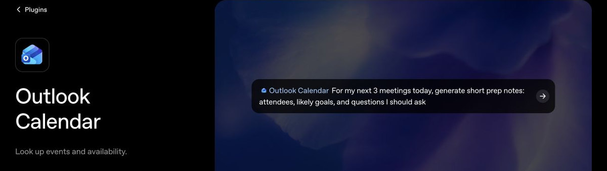 Outlook Calendar plugin page showing a prompt to prepare for upcoming meetings
