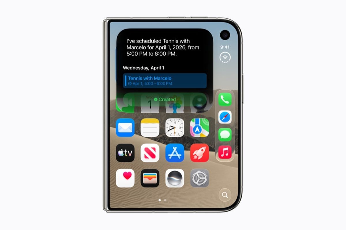 iPhone Duo showing Siri AI creating a Calendar event via personal context
