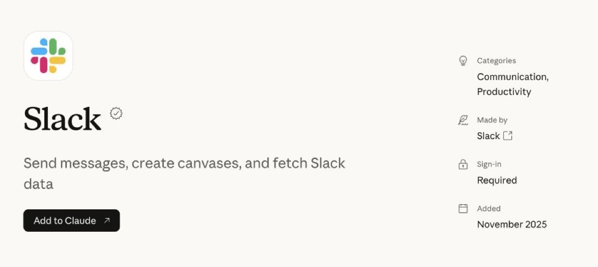 Slack connector listing in Claude Marketplace