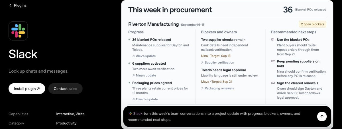 Slack example turning procurement messages into a project update