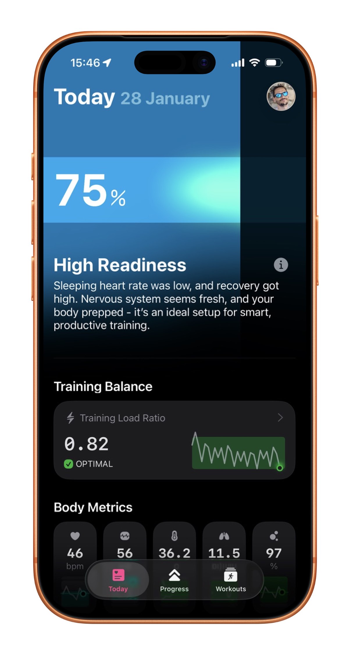 The Outsiders app displays a 75% training readiness score, recovery guidance, training balance, and body metrics.