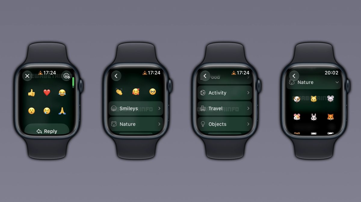 WhatsApp Apple Watch screen showing emoji reaction picker with 8 categories and recent emojis