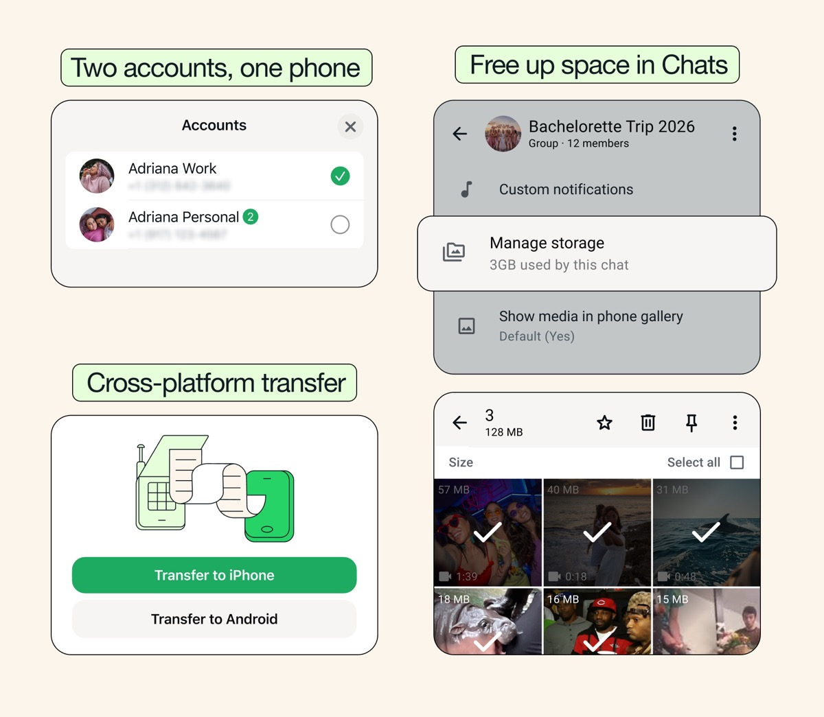 WhatsApp account selector showing two accounts on one phone