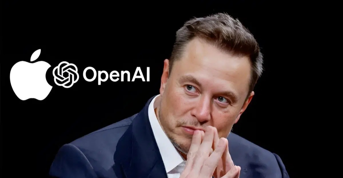 Elon Musk pictured beside Apple, xAI, and OpenAI logos.