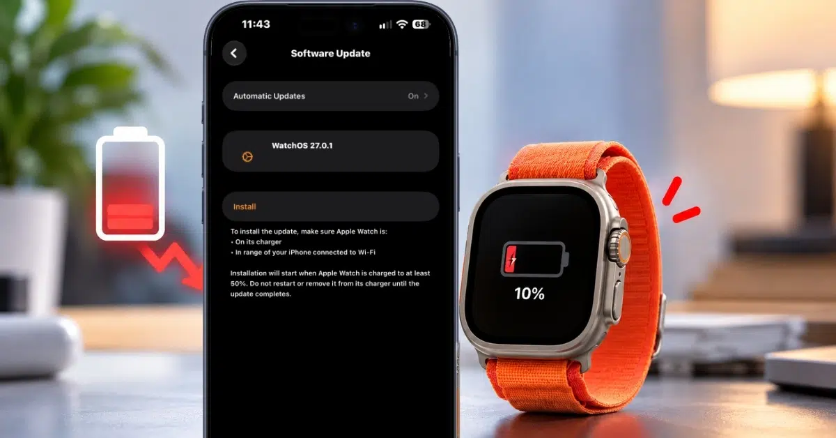 iPhone screen shows a WatchOS update (27.0.1) and install instructions beside a charging Apple Watch with an orange band at 10%.