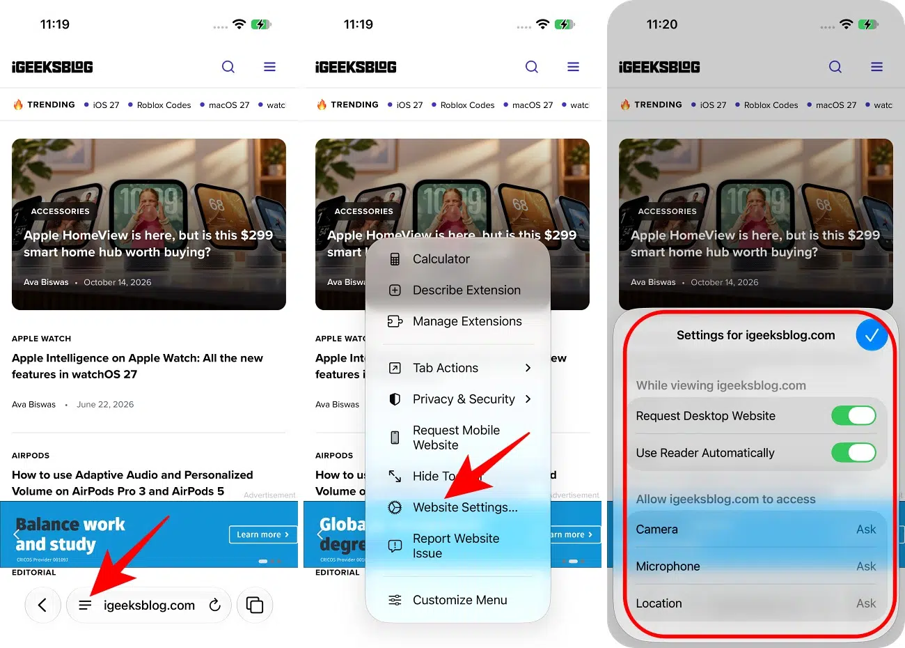 Change Safari settings for individual websites on iPhone.