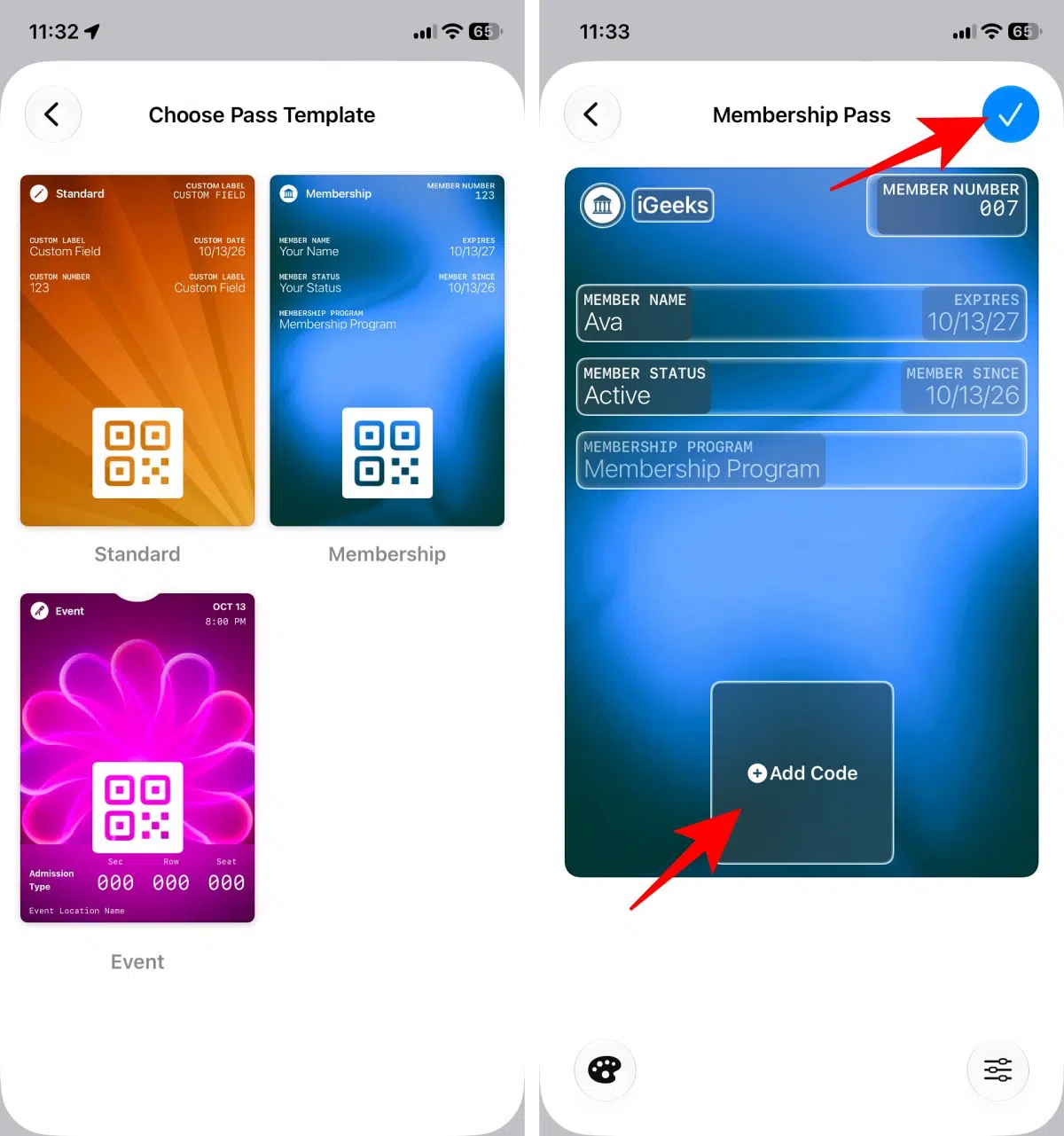 Choose a template fill your details and save the pass