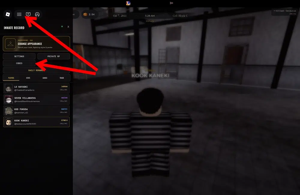 Click Menu icon to open the Codes tab in Komorebi Prison on Roblox