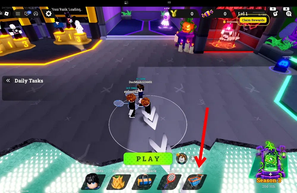 Roblox game lobby scene with three players around a circle, a large bright green PLAY button at the bottom center, a highlighted Shop icon (arrow) nearby, and a Daily Tasks panel on the left.