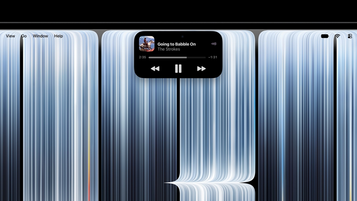 Abstract blue striped panels forming a curved background with a small media player overlay displaying 'Going to Babble On' by The Strokes at the top center.
