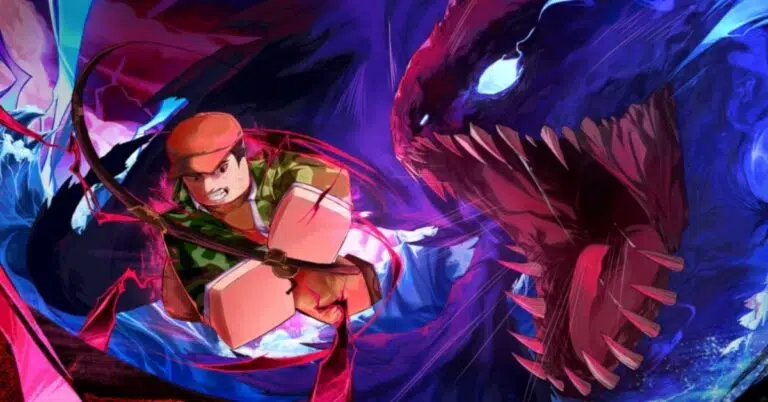 A martial artist in a green shirt and orange headband fights a giant dark blue dragon with glowing pink accents.