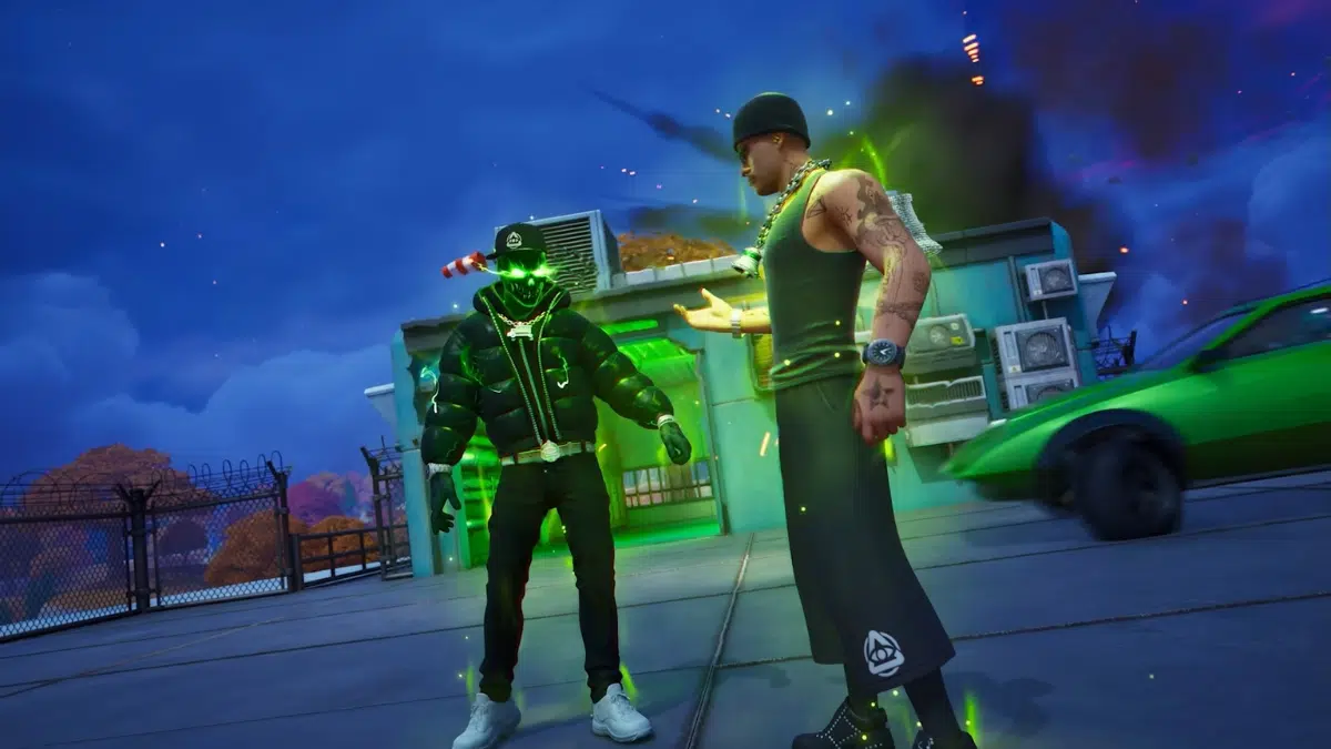 Two stylized male characters stand on a rooftop at night in a neon-green, glow-filled video game scene, with a speeding green car in the background.