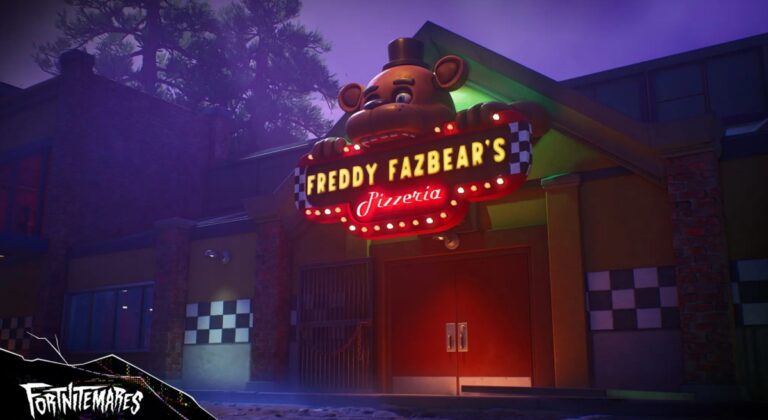 Night exterior of Freddy Fazbear's Pizzeria with a large glowing sign and red double doors. Neon lights illuminate the entrance.
