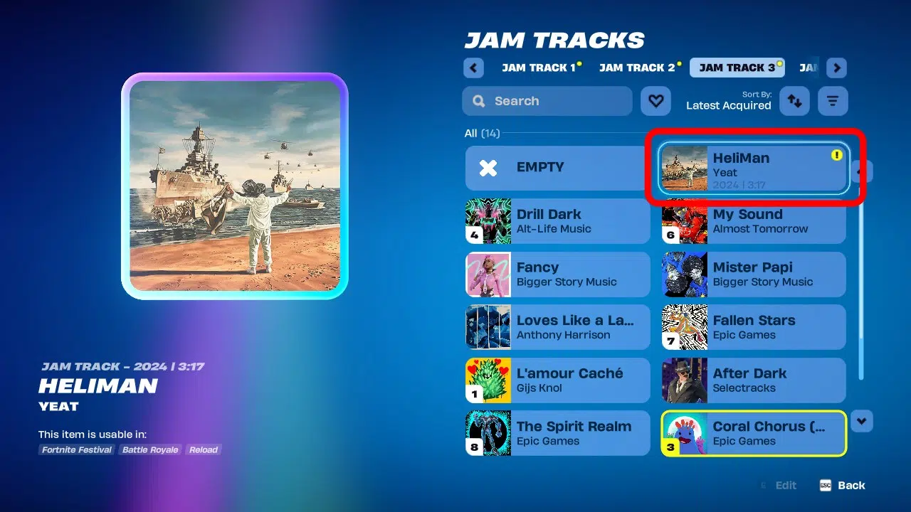 UI screenshot of a Fortnite Jam Tracks playlist with Heliman track selected on the right panel.