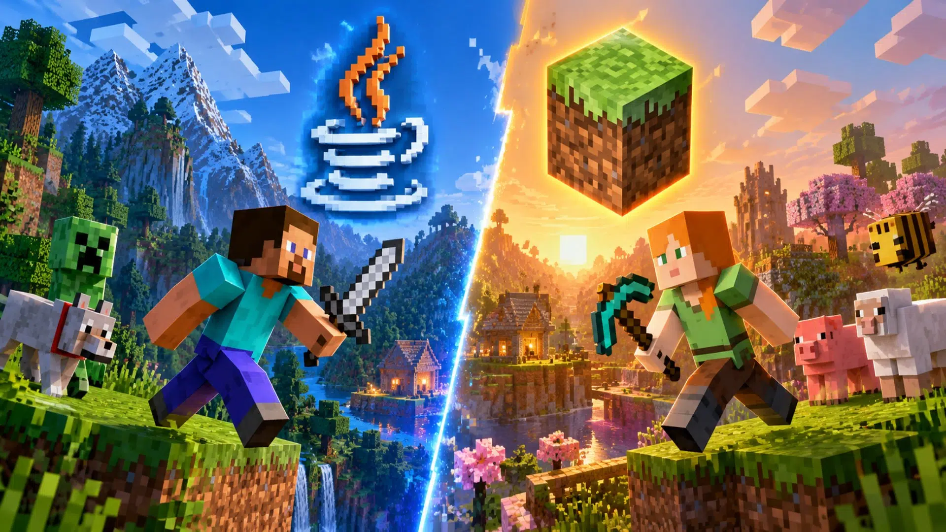 Minecraft scene of Steve and Alex charging toward each other on a split blue/orange world, with animals and blocky terrain surrounding them.