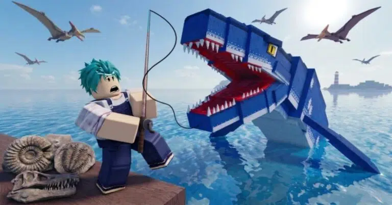 Roblox character on a wooden pier casting a fishing line as a giant blue brick dragon rises from the sea nearby.