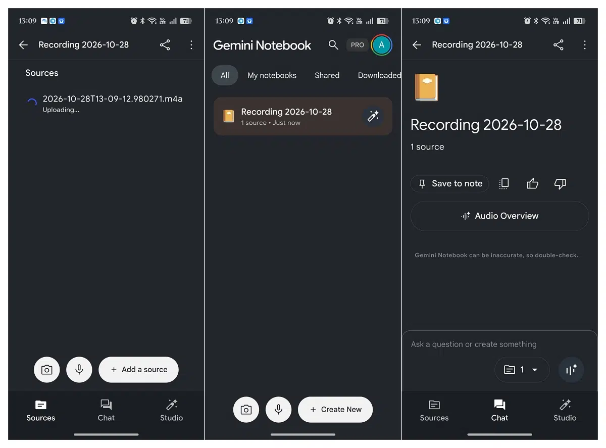 Gemini Notebook adds audio recorder on Android and iOS Recording saved as a notebook for chat, citations, and additional research sources.