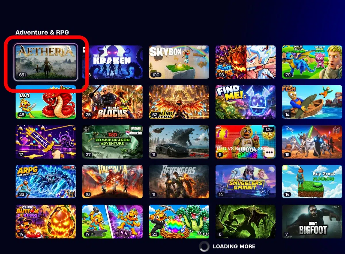 Aetheria Fortnite map: Code, how to play, and beginner tips Grid of adventure and RPG game thumbnails; highlights Aetheria card among others (game library)