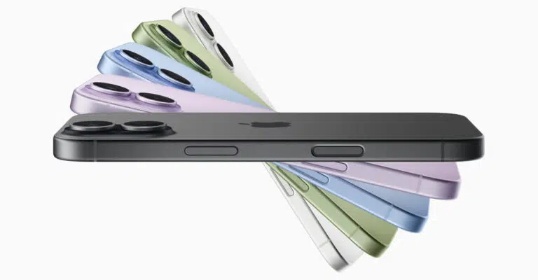 Apple iPhone 17 shown from the side in five colors.