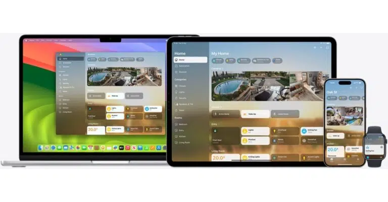 Apple Home app on Mac, iPad, iPhone, and Apple Watch, with controls for climate, lights, security, and cameras.