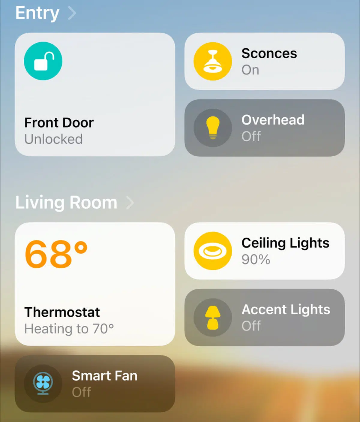 Apple Home app showing a door lock, thermostat, and lighting controls.