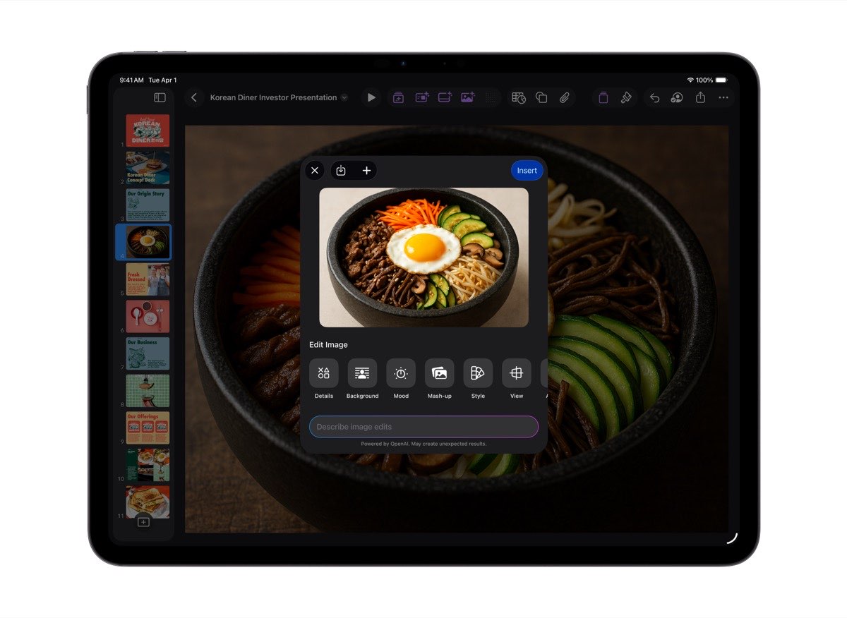 Apple adds an AI assistant to Pages, Keynote, and Numbers that understands your work – iGeeksBlog Keynote on iPad showing AI image editing options for a bibimbap photo