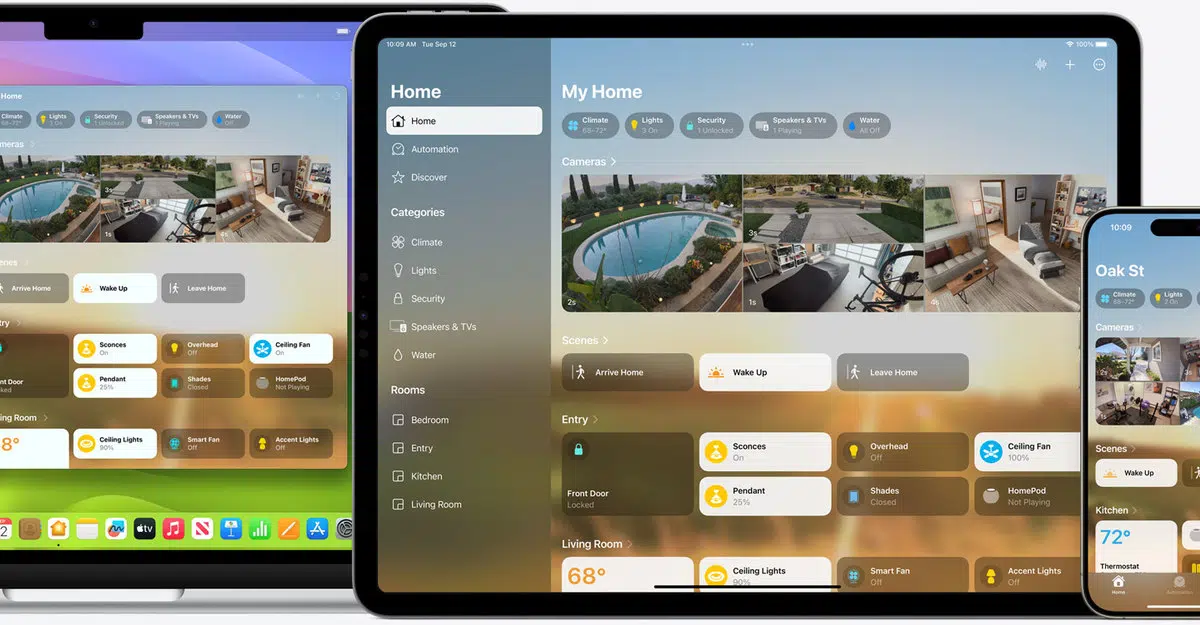 Apple Home app displayed on Mac, iPad, and iPhone.