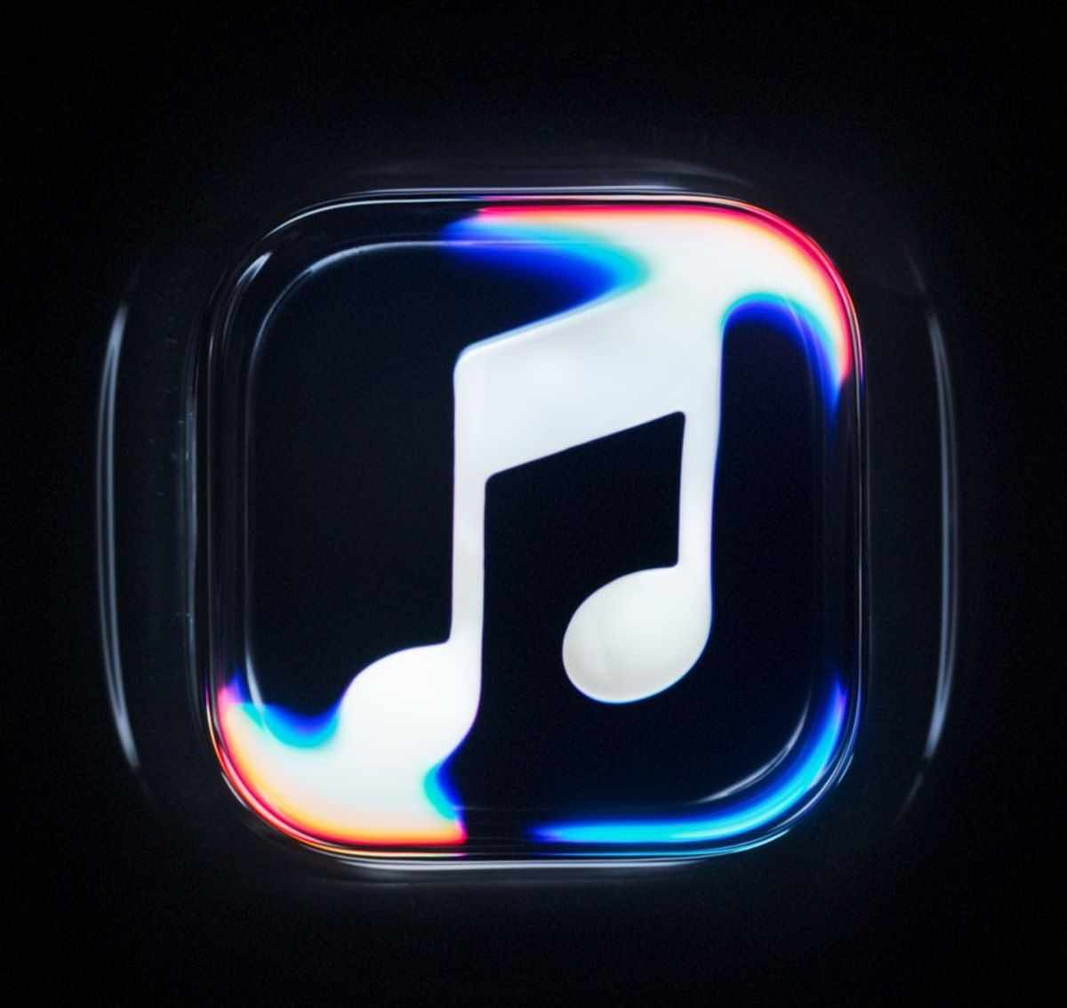 Apple Music's musical-note mark surrounded by glass-like edges and colored refractions on black