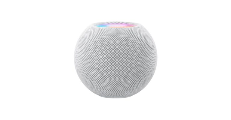 White HomePod mini speaker on a clean background