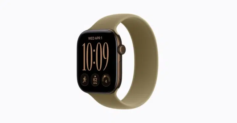 Apple Watch Series 12 in dark bronze with an olive band shown from the front.