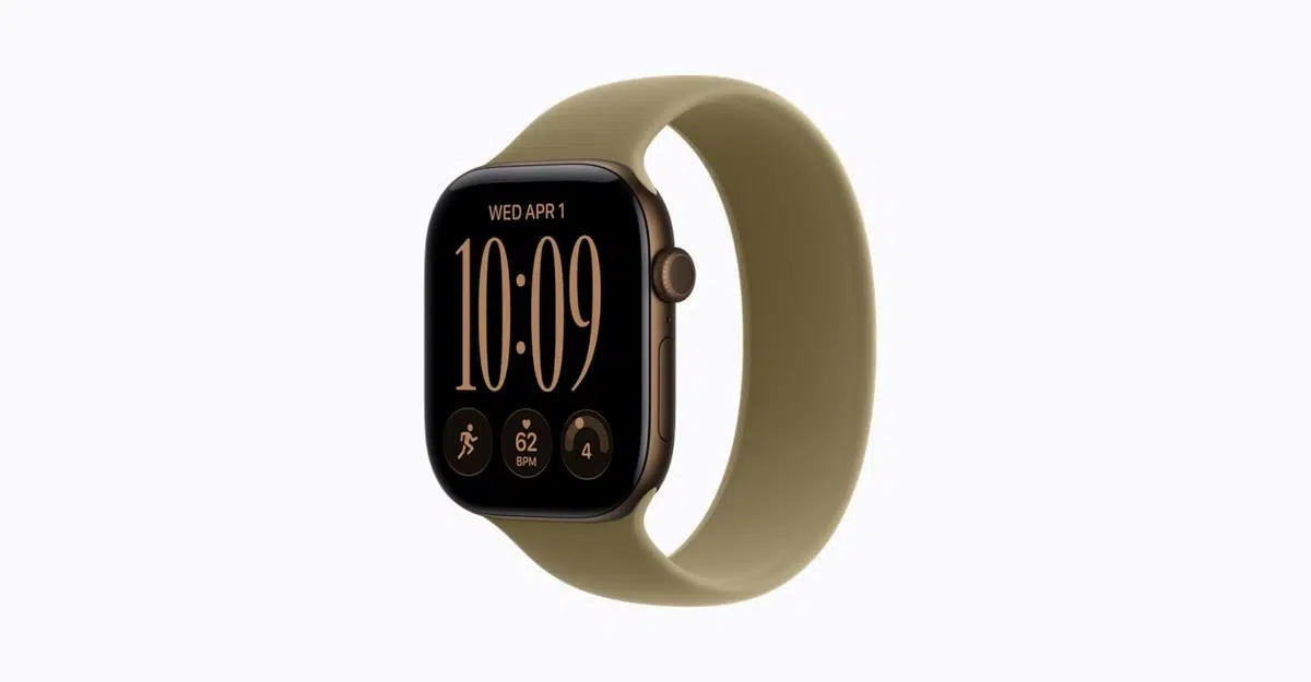 Apple Watch Series 12 in dark bronze with an olive band shown from the front.