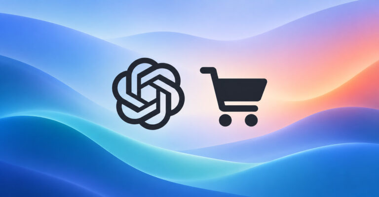 ChatGPT knot logo and shopping cart over a blue, teal, lavender, and coral abstract background