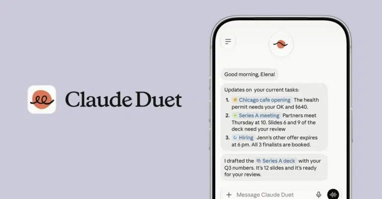 Claude Duet logo beside a phone showing task updates and a prepared slide deck