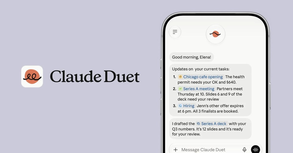 Claude Duet logo beside a phone showing task updates and a prepared slide deck