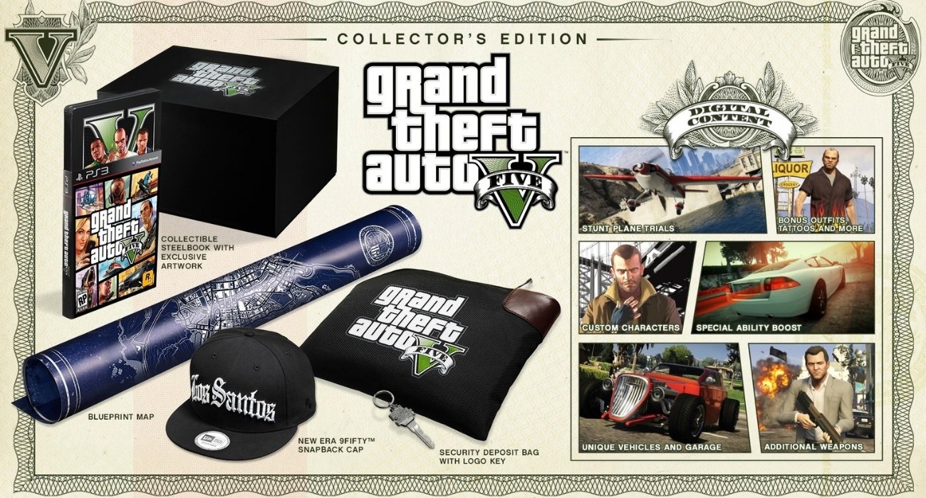 GTA V Collector's Edition bundle: game case, monolithic box, blueprint map roll, Los Santos cap, logo pouch, and security deposit bag, with an extras panel on the right.