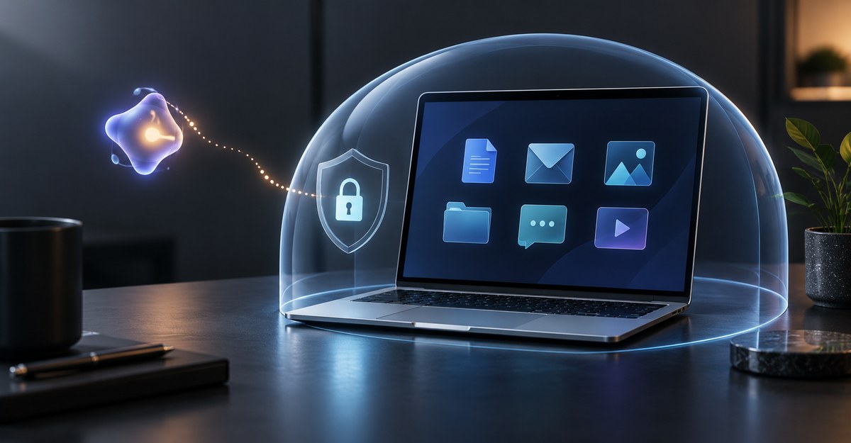Concept illustration of a privacy shield protecting personal data on a laptop