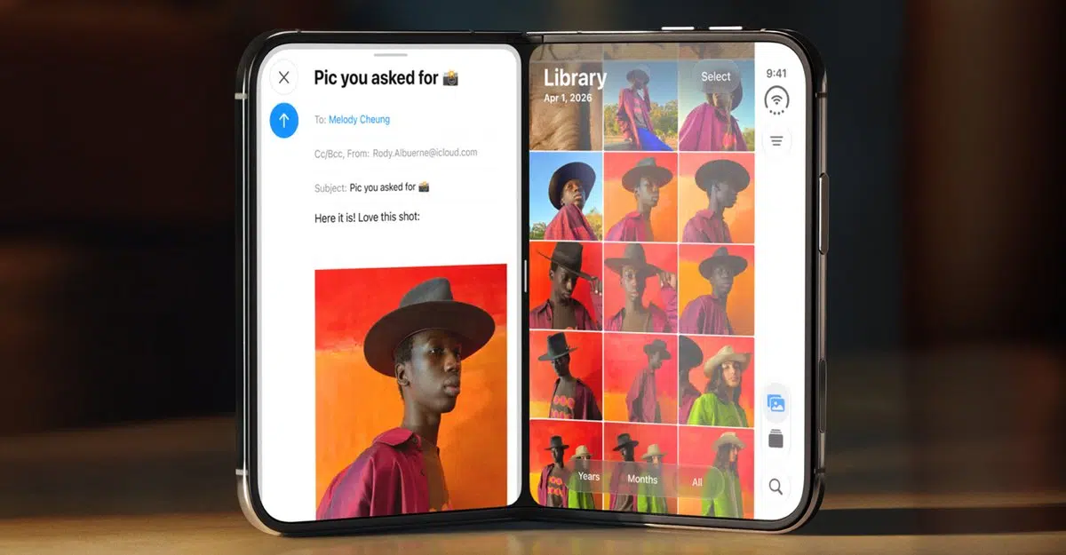 iPhone Duo open on a table with Mail and Photos side by side