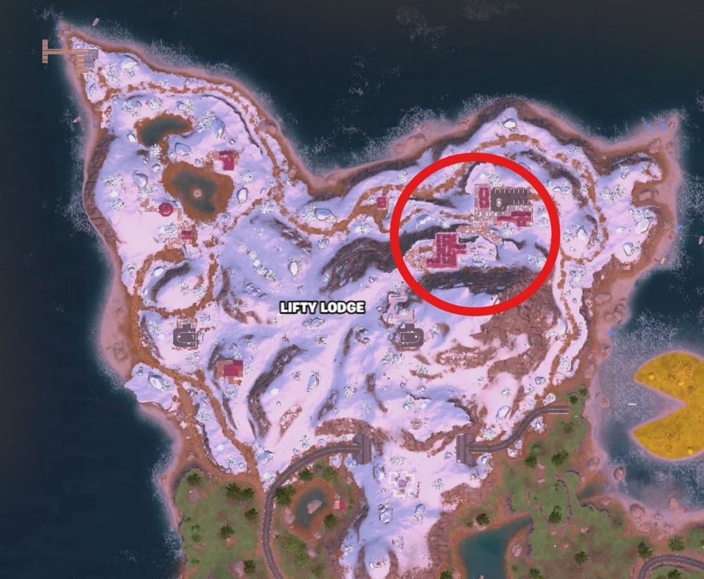 Top-down map of a snowy island labeled'LIFTY LODGE' with a red circle highlighting a group of red buildings on the northeast side.