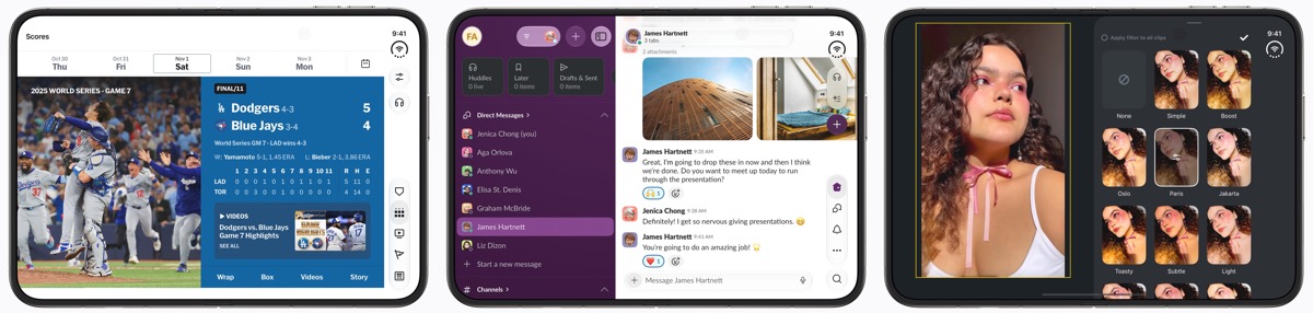 Apple will label apps optimized for iPhone Duo with a new App Store badge – iGeeksBlog Three optimized iPhone Duo apps side by side: an MLB scores screen, Slack messages, and Instagram Edits filters