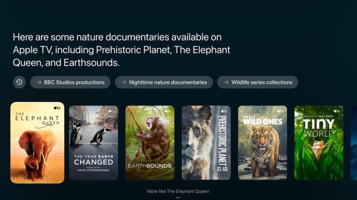 Siri AI on Apple TV showing a row of nature documentary posters under the line "Here are some nature documentaries available on Apple TV"