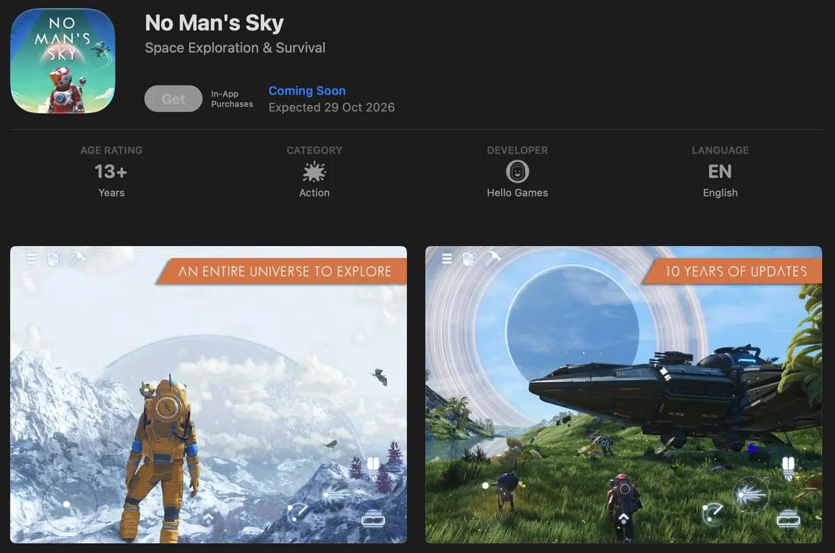No Man’s Sky is coming to iPhone and iPad for .99 – iGeeksBlog No Man's Sky App Store listing with a Coming Soon label, an expected date of 29 October 2026, and two gameplay screenshots