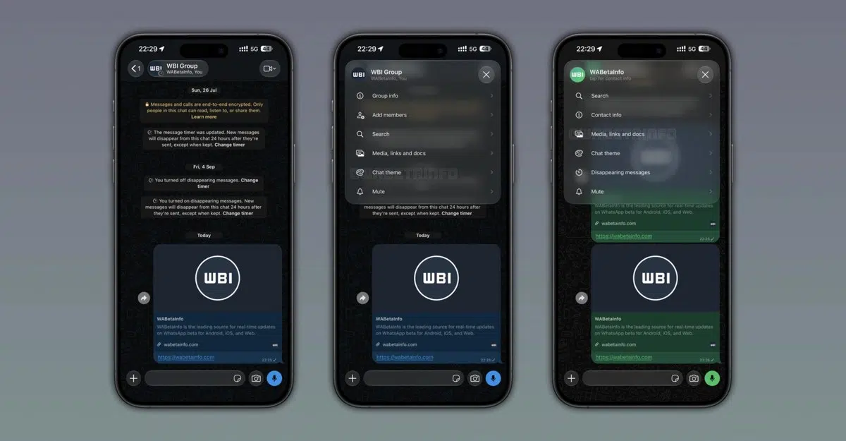 WhatsApp chat screens showing the new Liquid Glass header and shortcut menu on iPhone.