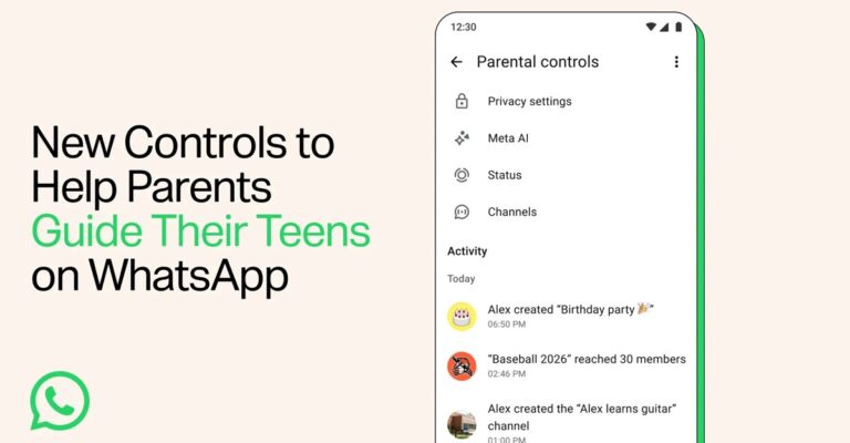 WhatsApp parental controls screen showing privacy, Meta AI, Status, Channels, and group activity alerts.