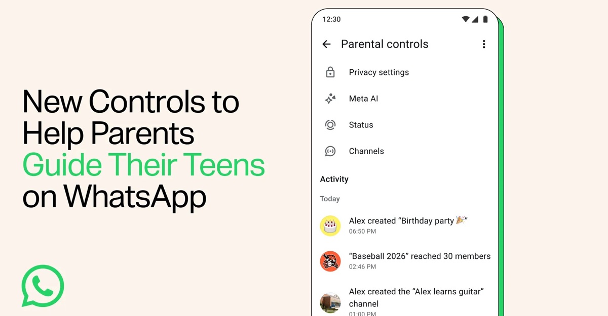 WhatsApp parental controls screen showing privacy, Meta AI, Status, Channels, and group activity alerts.