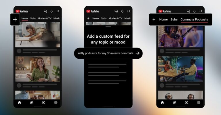 YouTube mobile app showing the plus button for custom feeds, the "Add a custom feed for any topic or mood" prompt, and a new Commute Podcasts feed tab beside Home and Subs