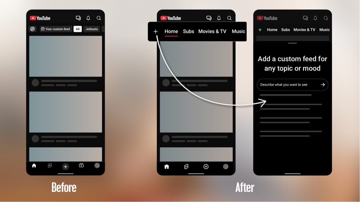 YouTube is moving Subscriptions out of the bottom bar on Android and iOS after nine years – iGeeksBlog Before and after YouTube mobile screens: the Subscriptions icon leaves the bottom bar, and Home's top row gains Subs with a plus button for custom feeds